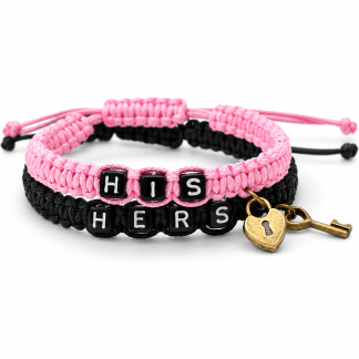 Páros karkötő szett - his hers felirattal - rózsaszín - fekete